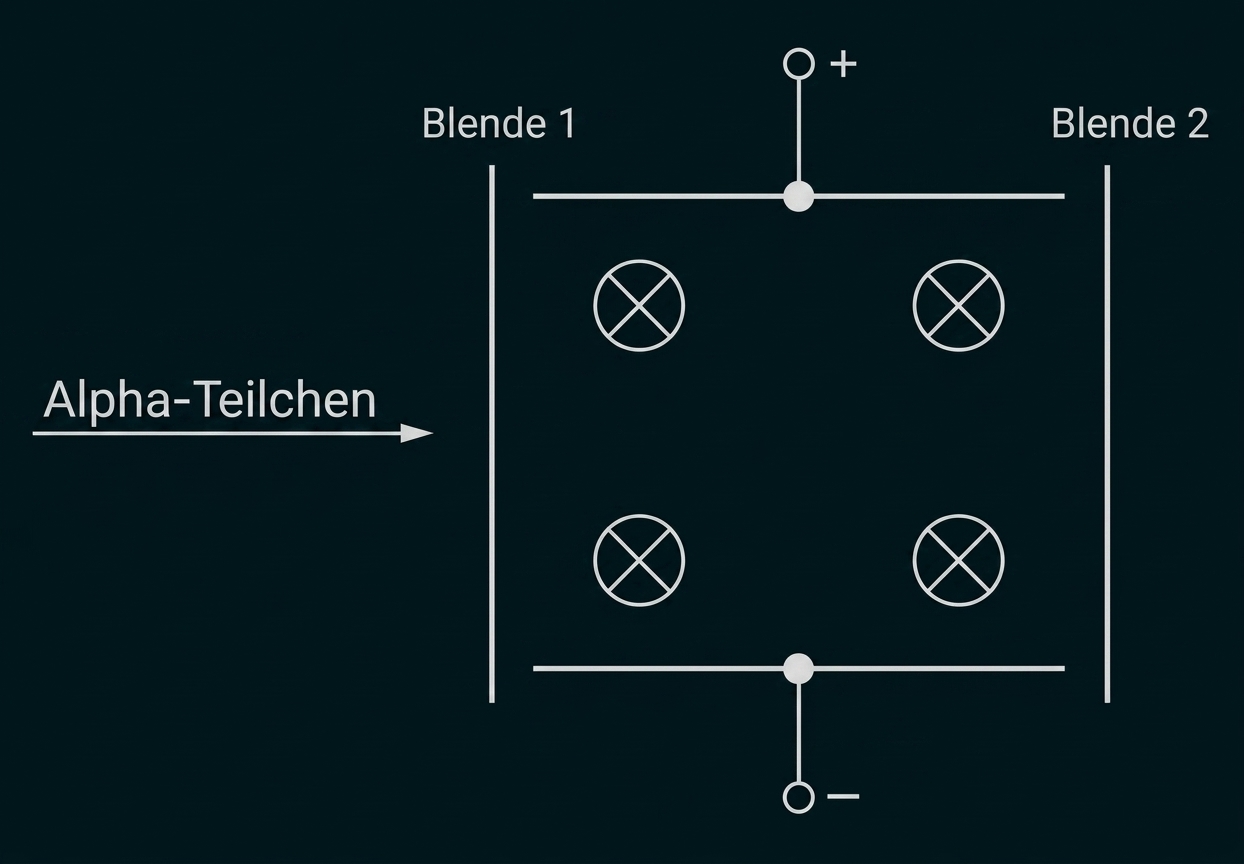 Schema: Alpha-Teilchen von links durch zwei Blenden, innen vier kreuzförmige Detektoren, obere Plus- und untere Minus-Anschlüsse