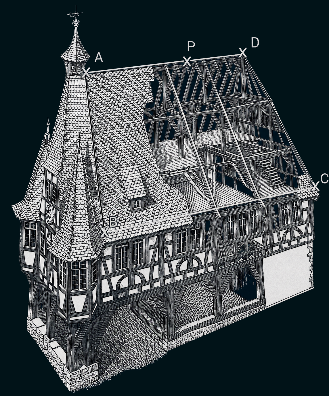 Schwarzweiß-Illustration eines historischen Fachwerkhauses mit offenem Dachstuhl und detaillierter Dachdeckung.