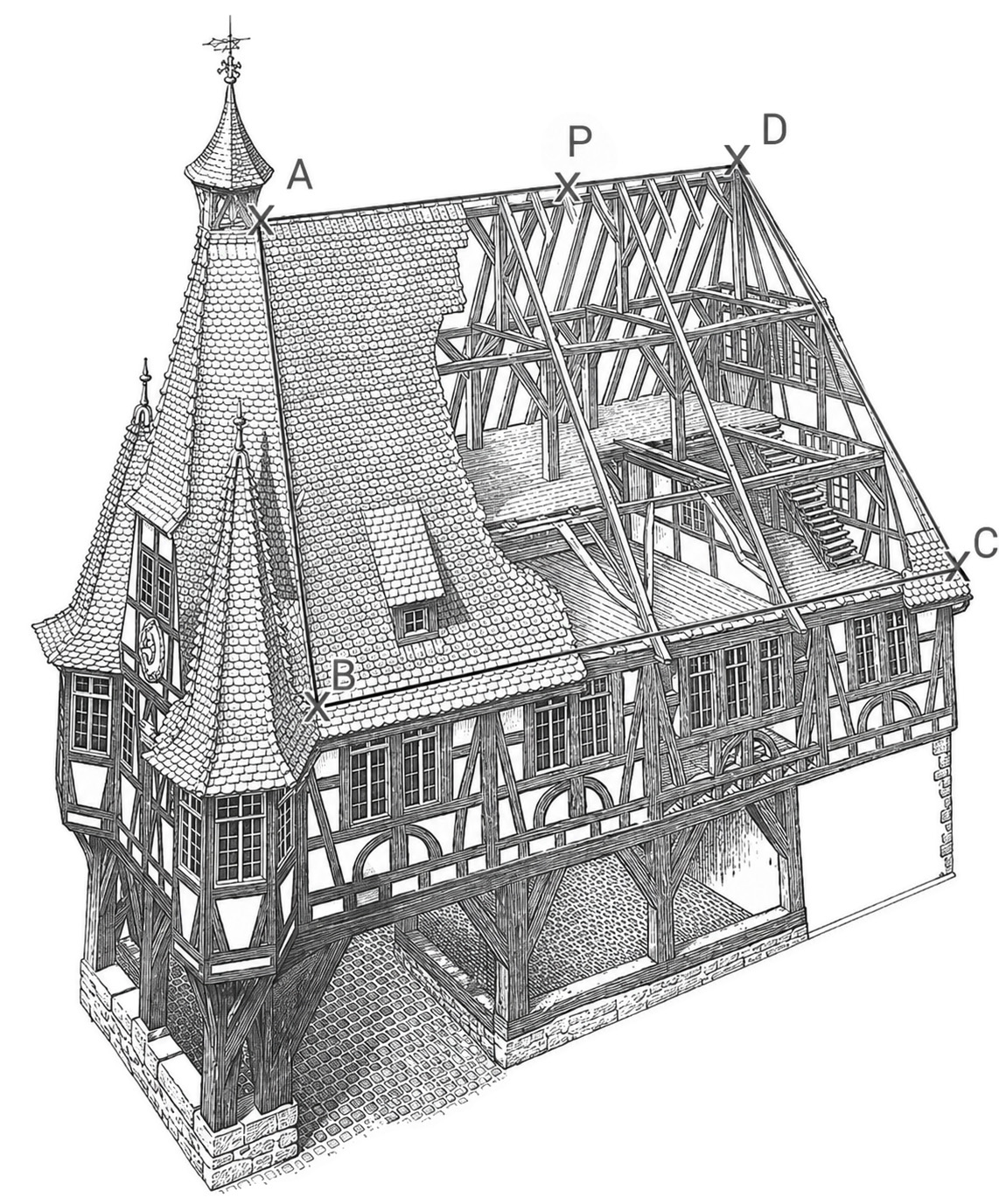 Schwarzweiß-Illustration eines historischen Fachwerkhauses mit offenem Dachstuhl und detaillierter Dachdeckung.