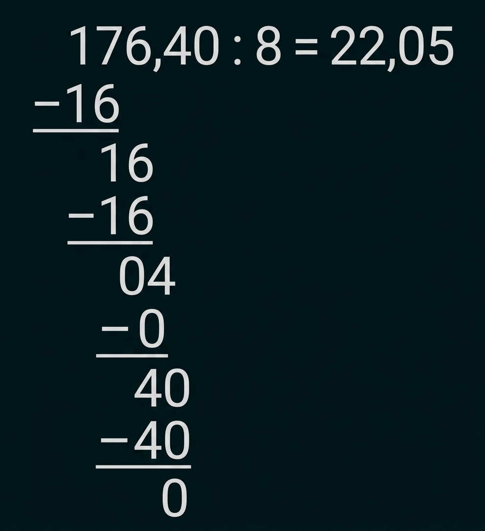 Schriftliche Division: 176,40 geteilt durch 8 ergibt 22,05.