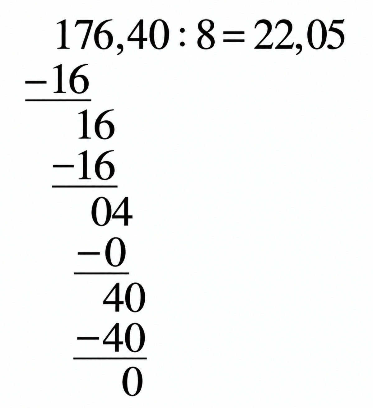 Schriftliche Division: 176,40 geteilt durch 8 ergibt 22,05.