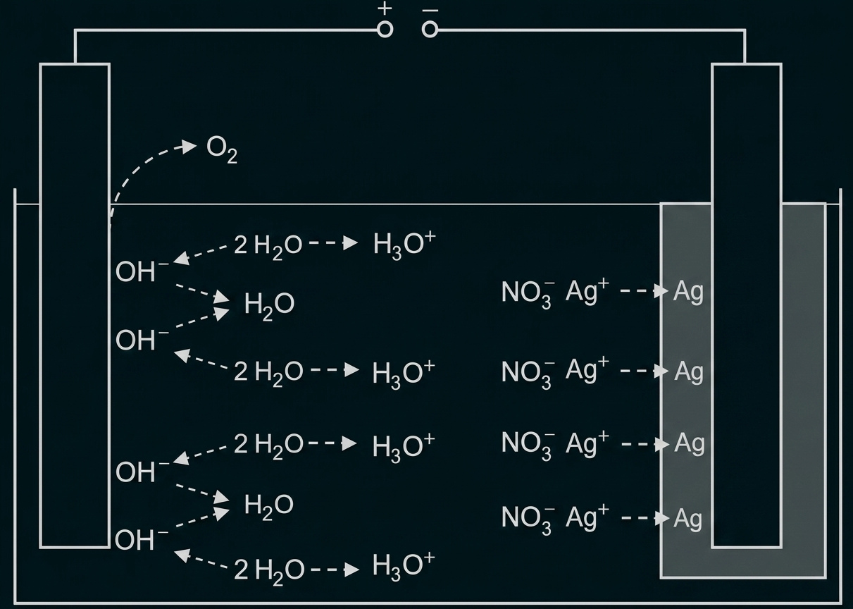 Schematische Elektrochemie-Zelle mit Elektroden, Ionen (Ag+, NO3-, OH-), Wasser und Sauerstoffentwicklung.