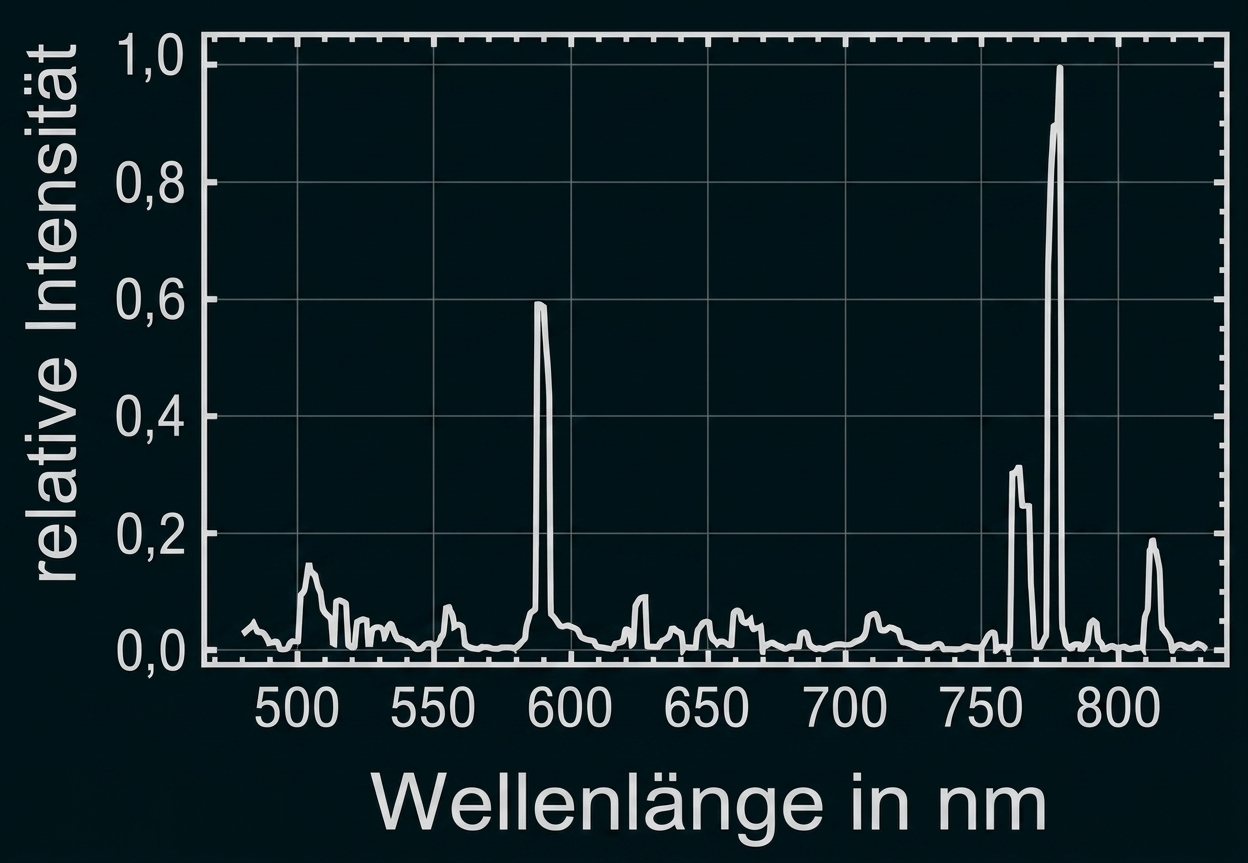 Diagramm: relative Intensität gegen Wellenlänge (nm) mit schmalen Peaks bei etwa 600 nm und 770-780 nm.