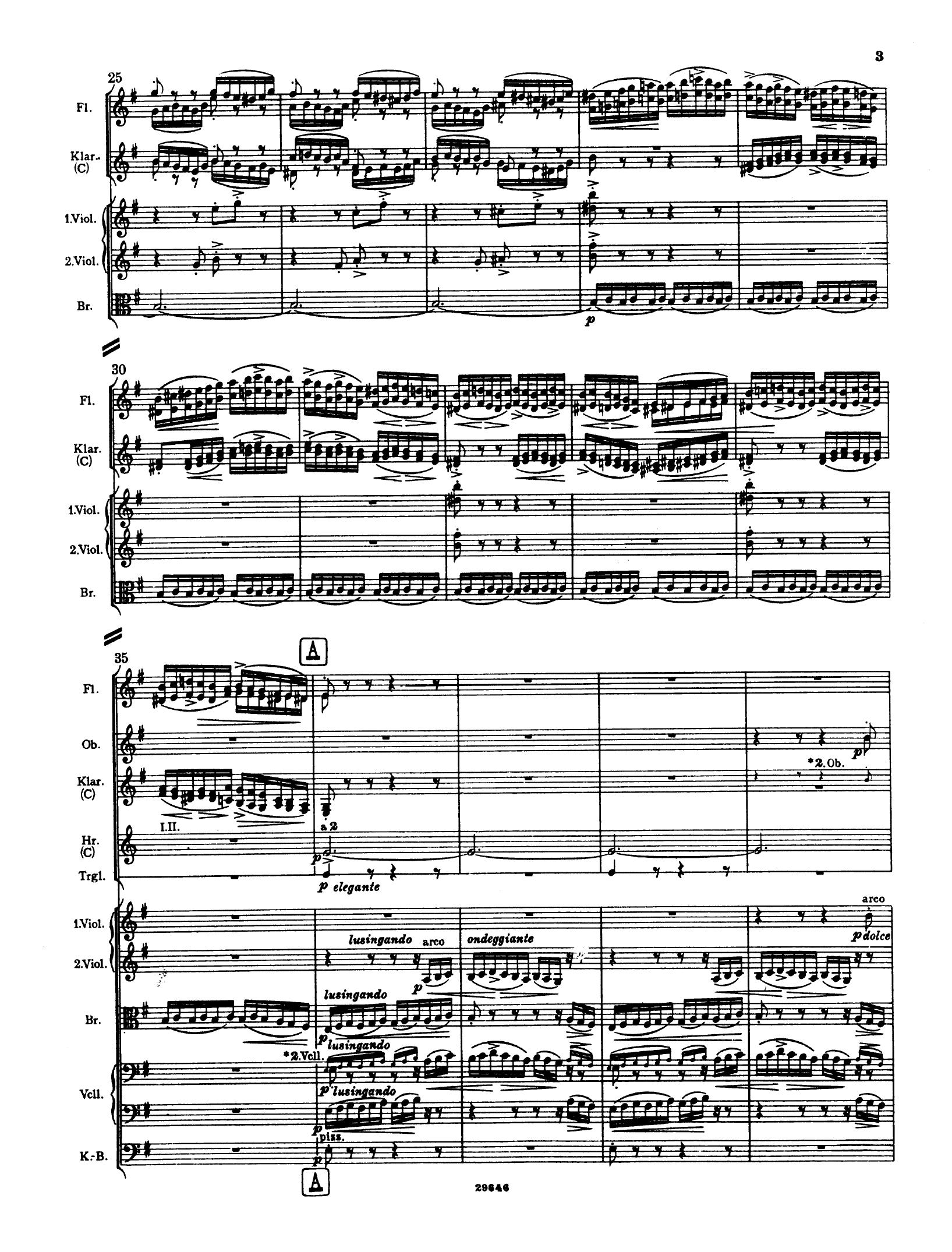 Notenblatt mit Orchesterpartitur und vielen musikalischen Notenlinien.