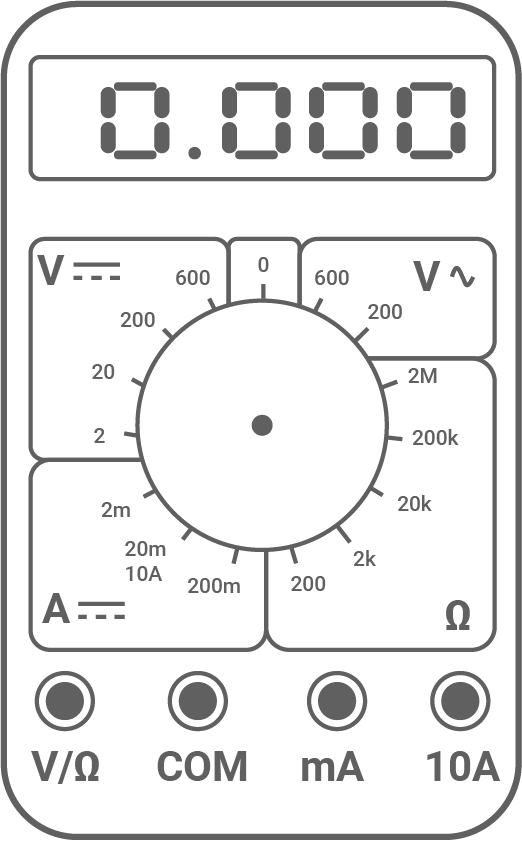Digitales Multimeter mit LCD-Anzeige, Drehschalter und vier Anschlussbuchsen