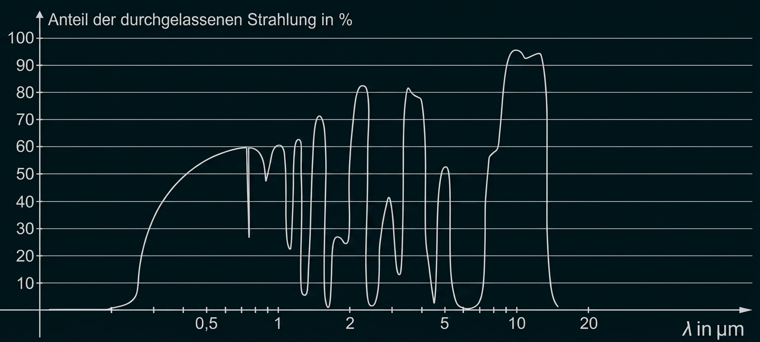 Diagramm: Anteil der durchgelassenen Strahlung (%) je Wellenlänge (λ in µm), wellenförmige Kurve mit mehreren Spitzen und Tälern