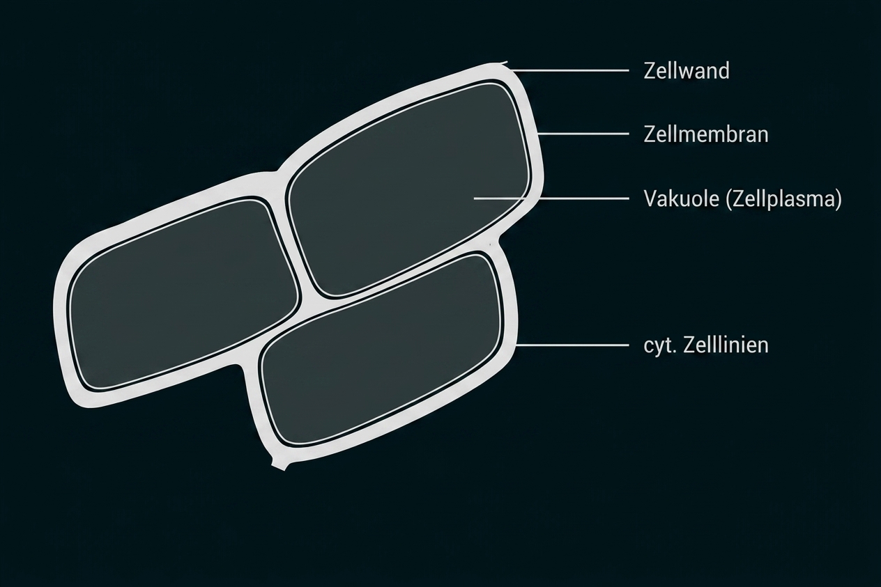 Schematische Darstellung von vier pflanzlichen Zellen mit Zellwand, Zellmembran und Vakuole (beschriftet)