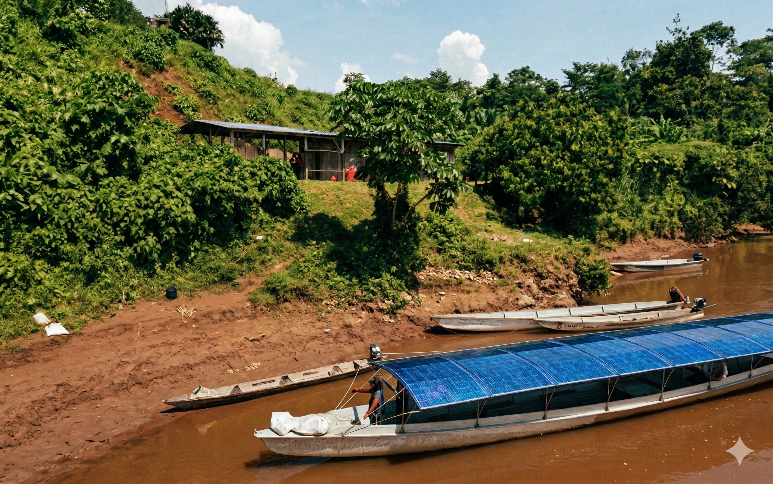 Das Solarboot Tapiatpia am Ufer des Amazonas