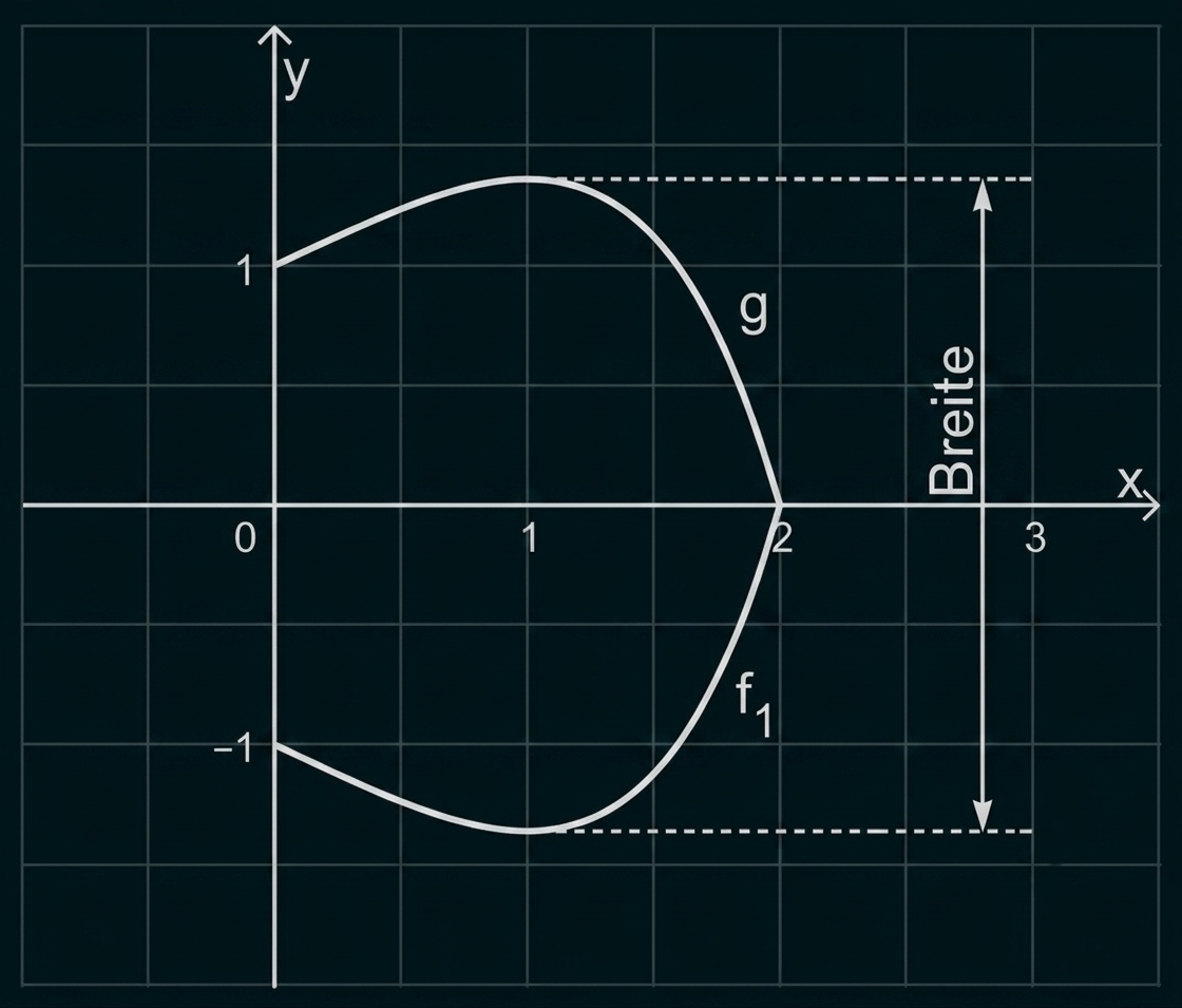 Koordinatensystem mit zwei Kurven (g und f1), Scheitel bei x=2, gestrichelte Linien und vertikaler Pfeil mit Beschriftung "Breite".