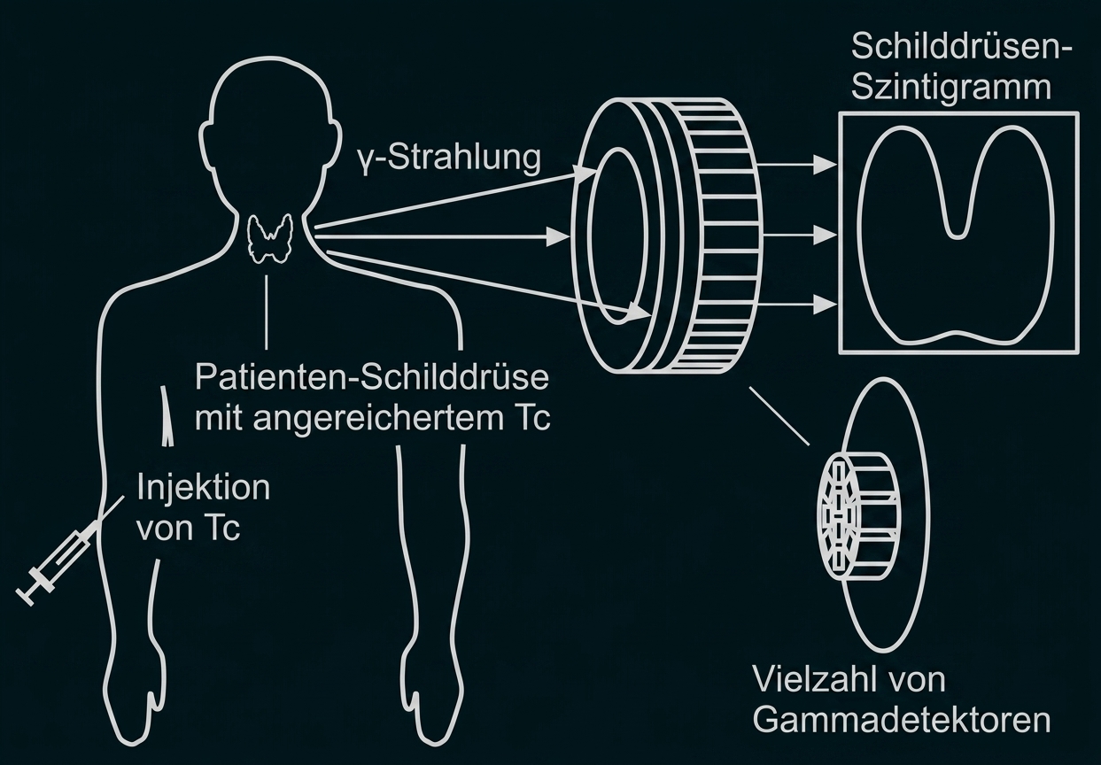 Schematische Darstellung einer Schilddrüsen-Szintigraphie: Injektion von Tc, Strahlung und Gammadetektoren erzeugen Szintigramm.