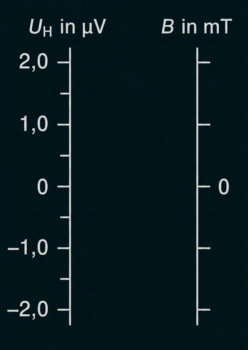 Zwei vertikale Achsen: links U_H in µV mit Skala -2,0 bis 2,0, rechts B in mT mit 0‑Marke.