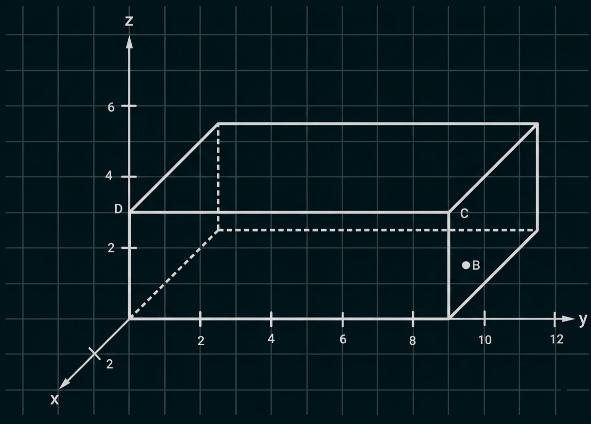 3D-Quader auf Gitternetz mit x-, y- und z-Achsen sowie markierten Punkten B, C, D