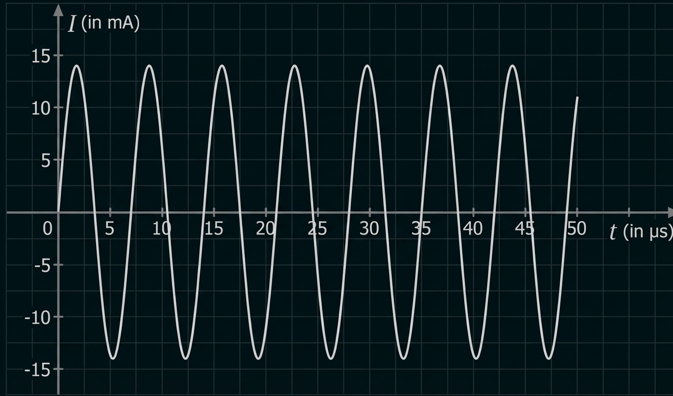 Diagramm: sinusförmige Stromkurve I (mA) über Zeit t (µs), mehrere Perioden, ±15 mA, 0–50 µs.