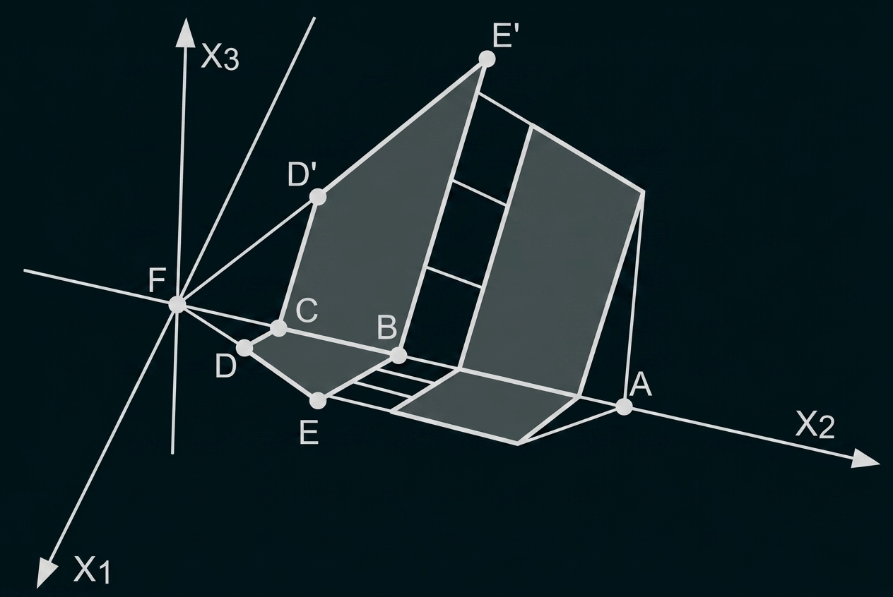 Schräg dargestellter 3D-Quader mit markierten Punkten A–E, D', E' und Koordinatenachsen X1, X2, X3