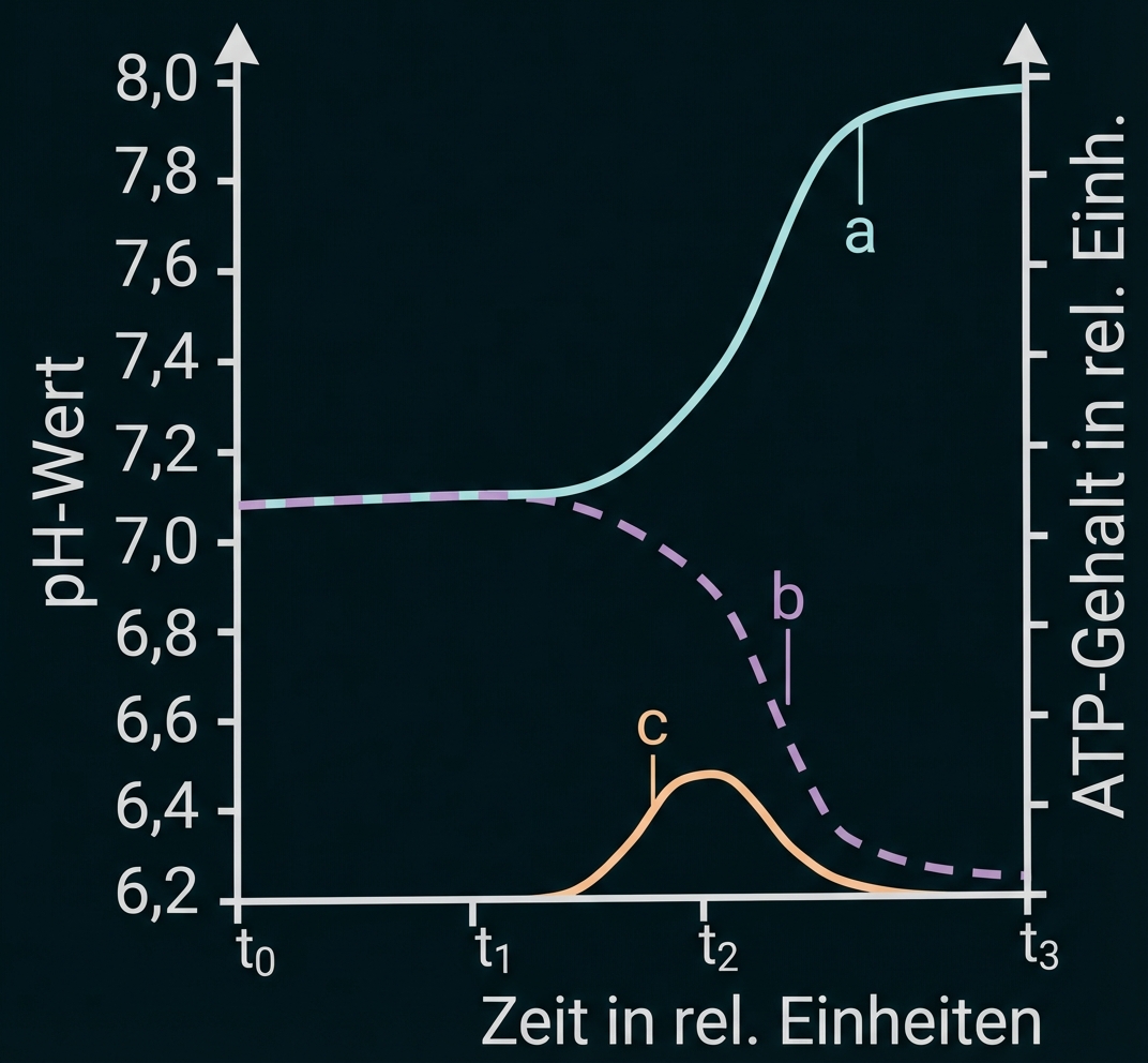 Diagramm: pH-Wert und ATP-Gehalt über Zeit, drei Kurven (stark ansteigend a, fallend b, kurzer Gipfel c)