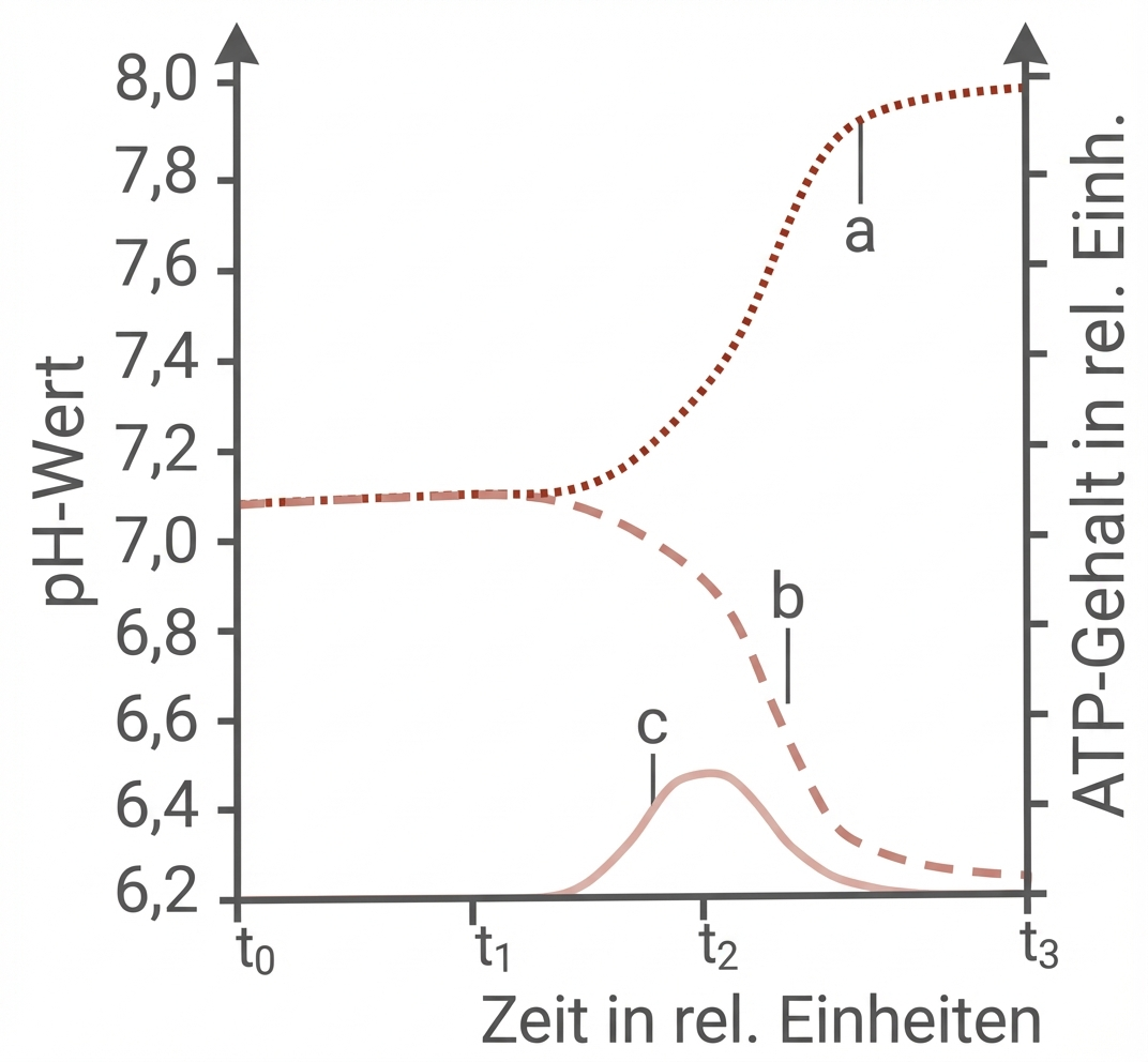 Diagramm: pH-Wert und ATP-Gehalt über Zeit, drei Kurven (stark ansteigend a, fallend b, kurzer Gipfel c)