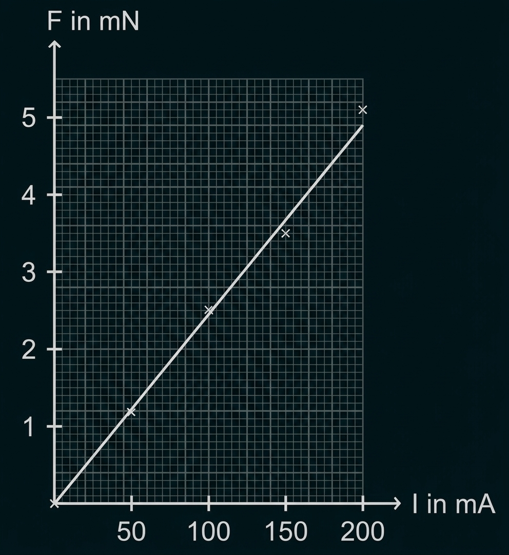 Diagramm: Gerade von Ursprung zeigt linearen Zusammenhang zwischen Strom (I in mA) und Kraft (F in mN)