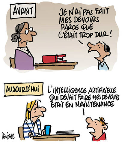 Zweipanel-Cartoon: früher 'Hausaufgaben zu schwer', heute 'die KI, die sie machen sollte, war in Wartung'.