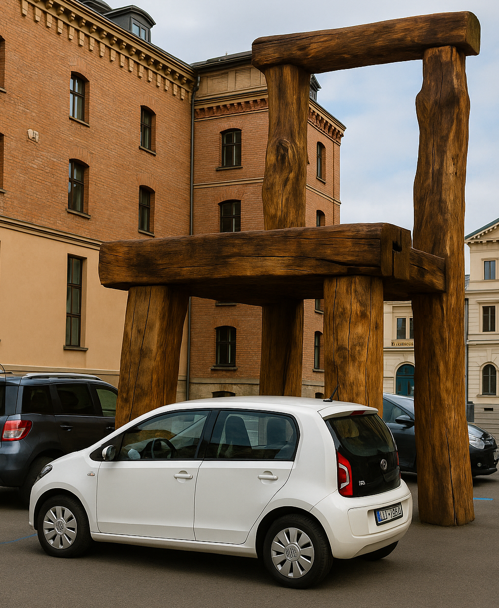 Großer hölzerner Stuhl-Skulptur auf einem Platz, kleines weißes Auto parkt darunter, Backsteingebäude im Hintergrund.