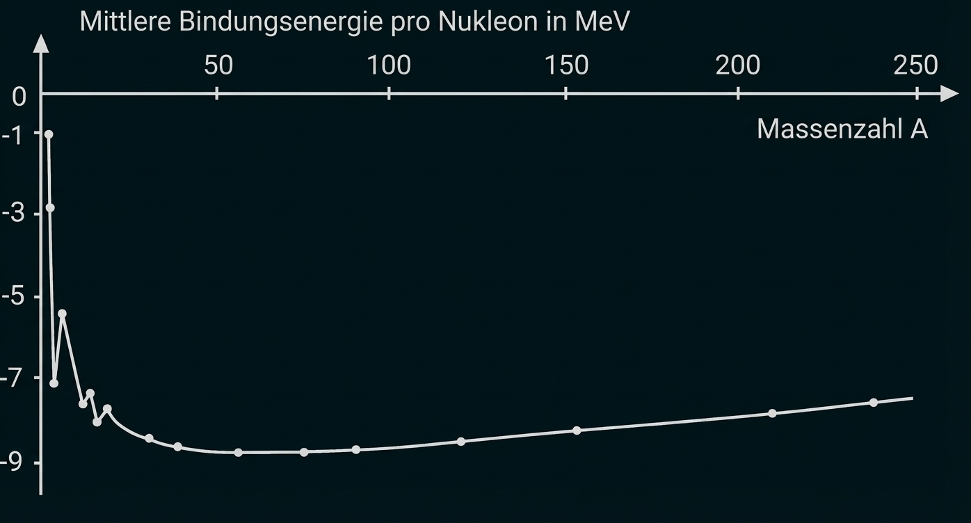 Diagramm: Mittlere Bindungsenergie pro Nukleon (MeV) über Massenzahl A, gebogene Linie mit Datenpunkten