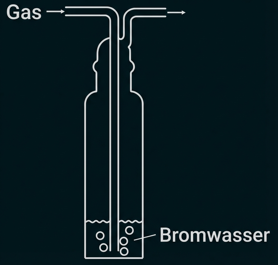 Schematische Waschflasche bei Bromwasserprobe: Gas wird durch Bromwasser geblasen, Ein- und Auslassrohre sowie Gasblasen sichtbar.