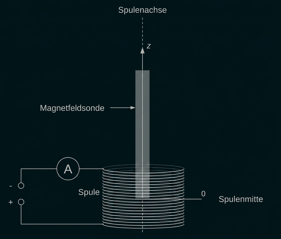 Skizze einer Spule mit Magnetfeldsonde und eingezeichneten Magnetfeldlinien.