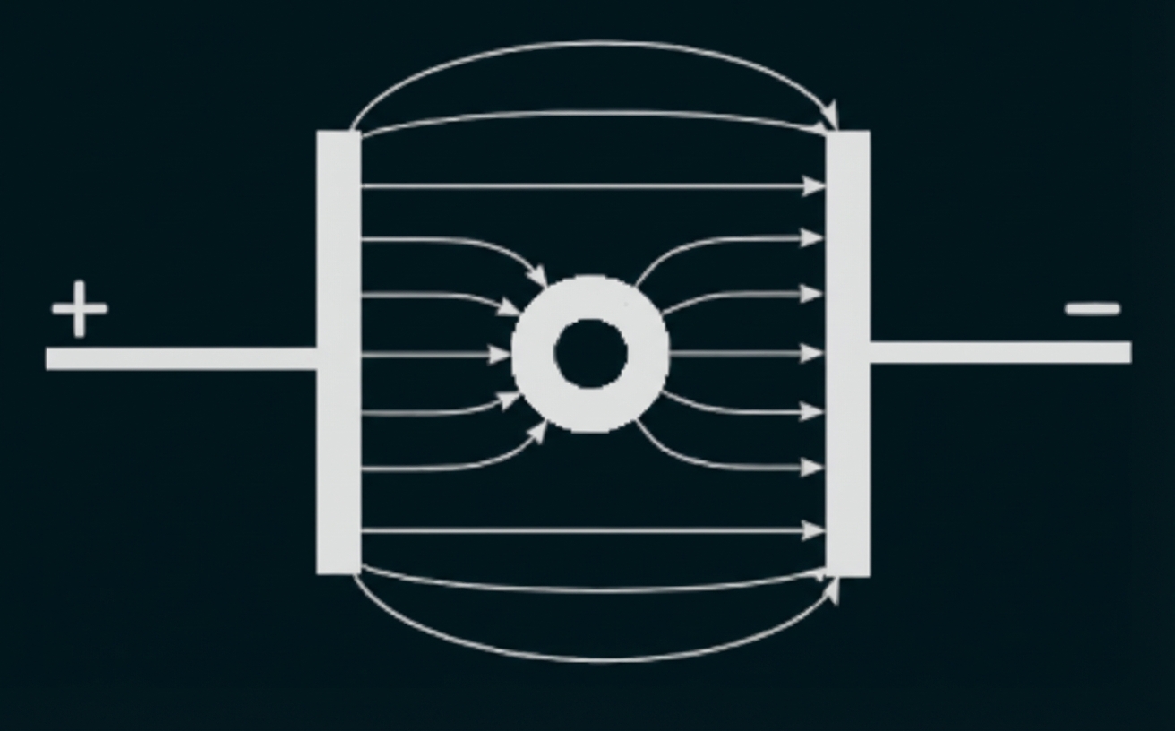 Diagramm elektrisches Feld zwischen zwei Platten; Feldlinien verlaufen von Plus- zu Minuspol, Ring im Zentrum lenkt Linien.