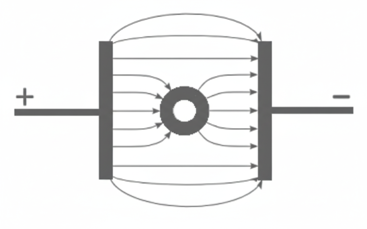 Diagramm elektrisches Feld zwischen zwei Platten; Feldlinien verlaufen von Plus- zu Minuspol, Ring im Zentrum lenkt Linien.