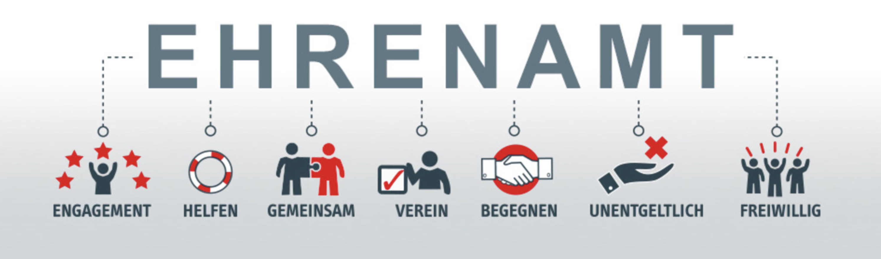 Banner mit Schriftzug EHRENAMT und sieben Icons: Engagement, Helfen, Gemeinsam, Verein, Begegnen, Unentgeltlich, Freiwillig.