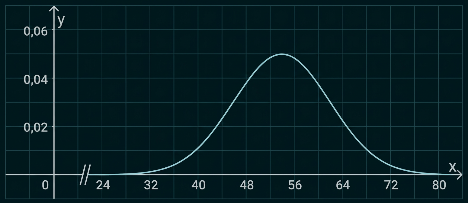 Glockenförmige Kurve in einem Koordinatensystem mit Maximum bei etwa x = 54 und y = 0,05.
