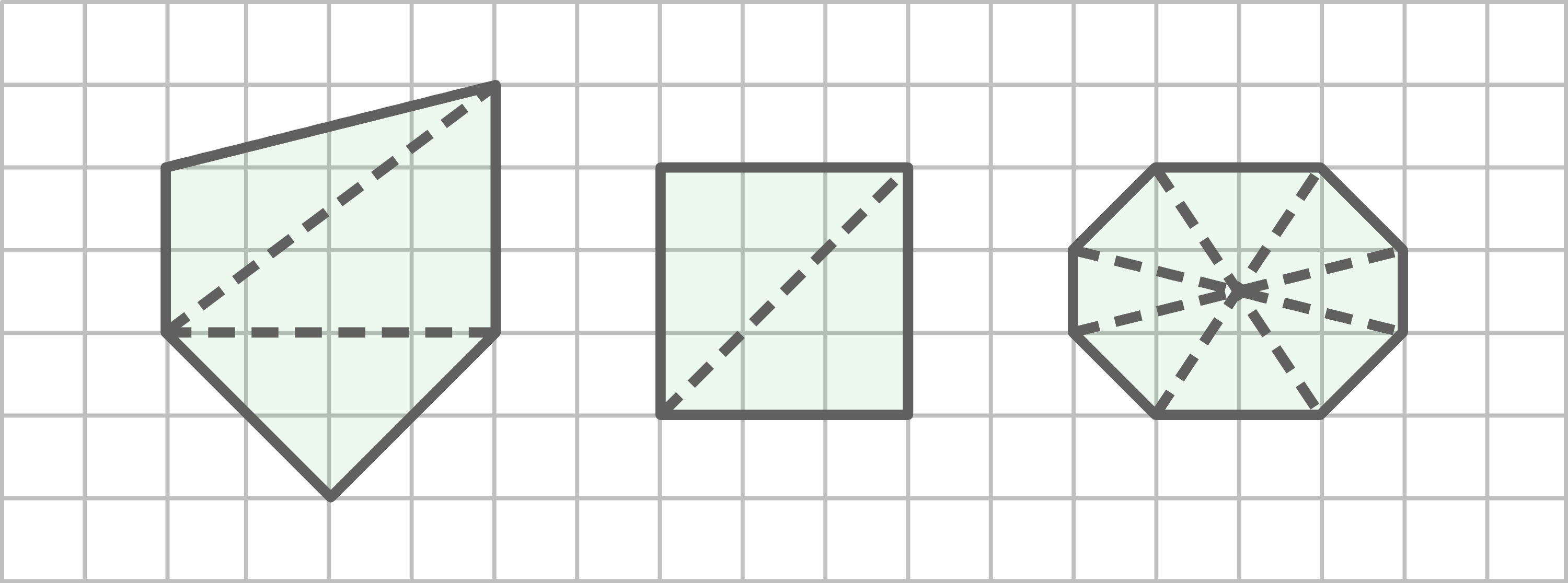 Drei geometrische Formen mit diagonalen Linien auf einem karierten Hintergrund.