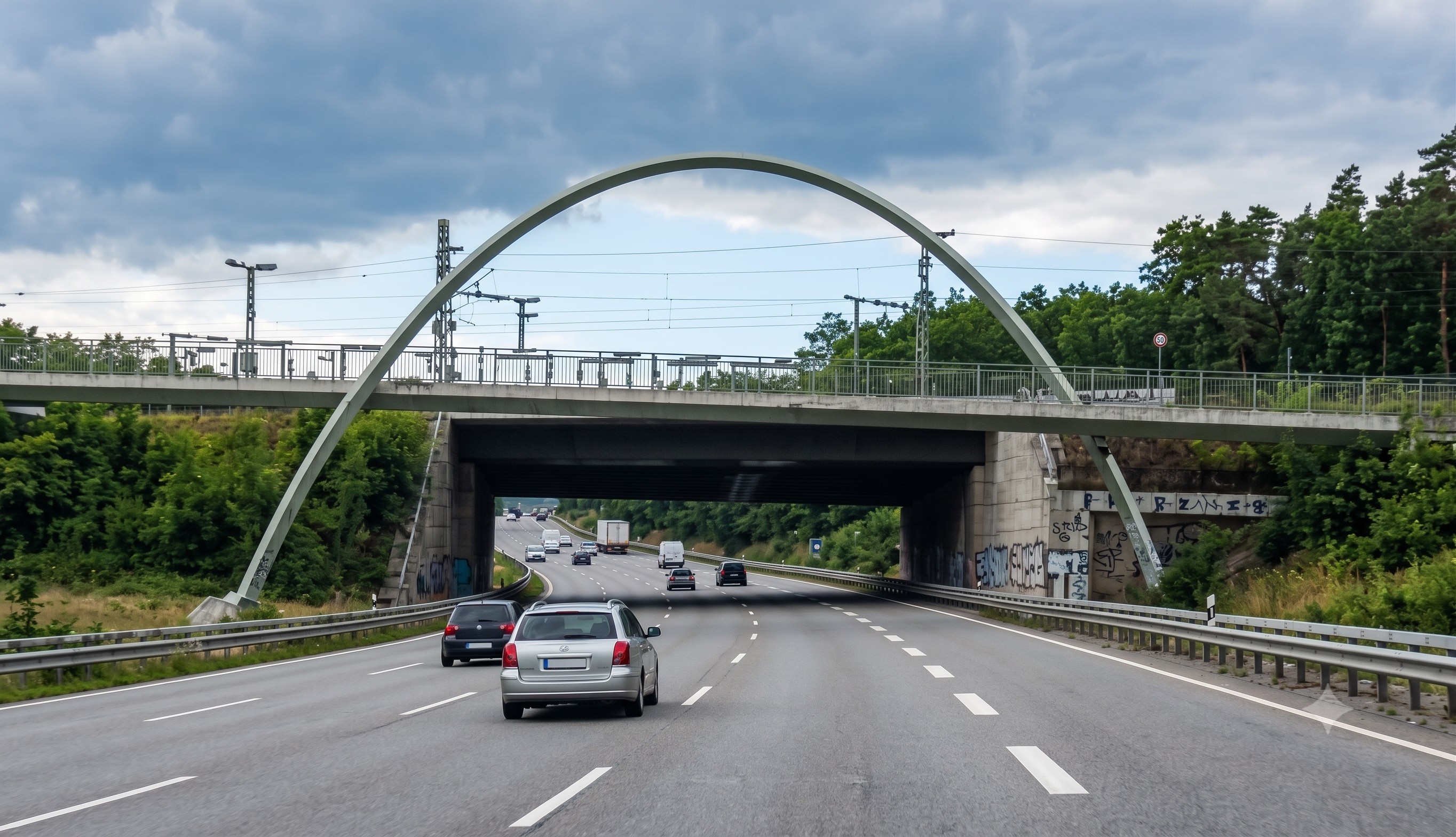 Autobahn mit Brücke und fahrenden Autos
