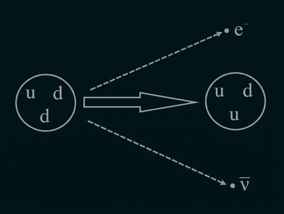 Beta-Minus-Zerfall: Neutron (udd) → Proton (uud), Elektron e− und Antineutrino ν̄ werden ausgesandt.