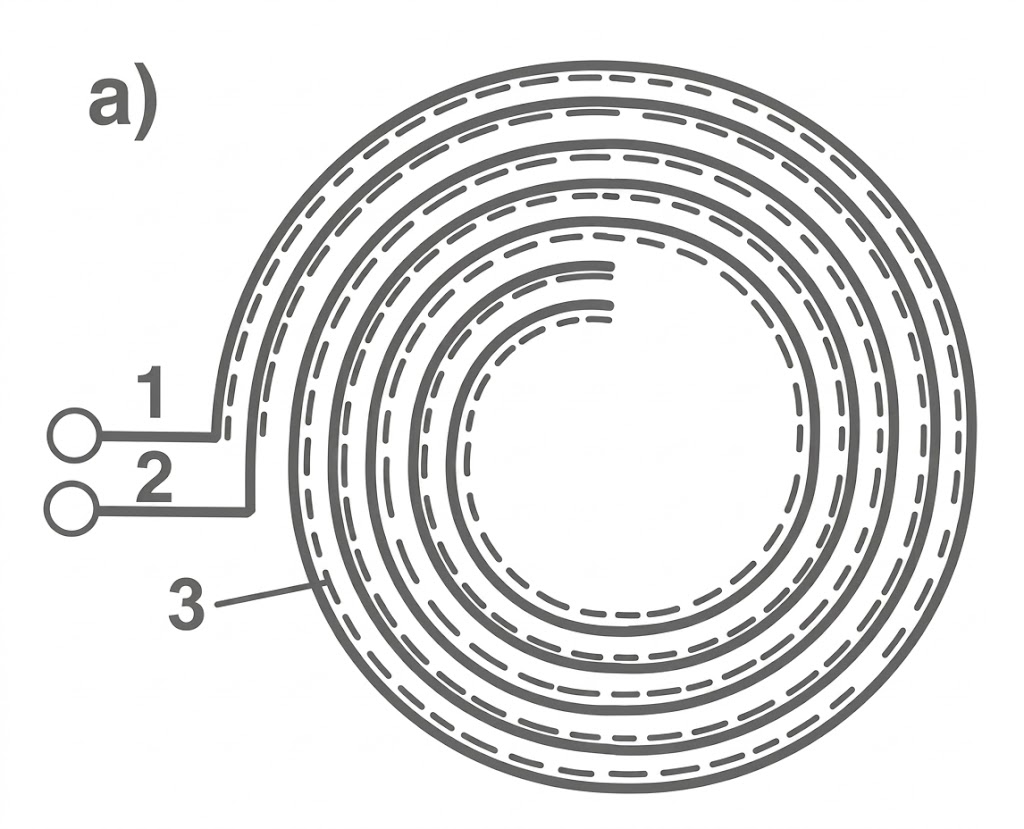 Kreisdiagramm mit mehreren konzentrischen, gestrichelten Ringen und nummerierten Markierungen 1–3