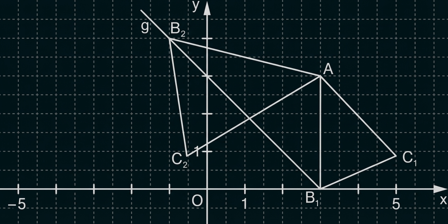 Koordinatensystem mit Gitternetz, Achsen, markierten Punkten A, B1, B2, C1, C2 und verbundenen Linien/Polygonen