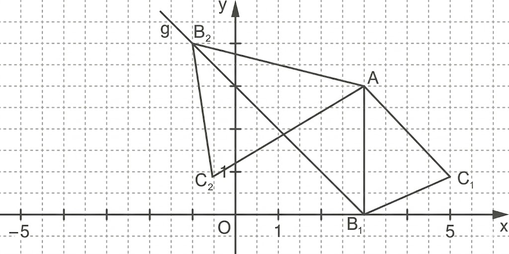 Koordinatensystem mit Gitternetz, Achsen, markierten Punkten A, B1, B2, C1, C2 und verbundenen Linien/Polygonen