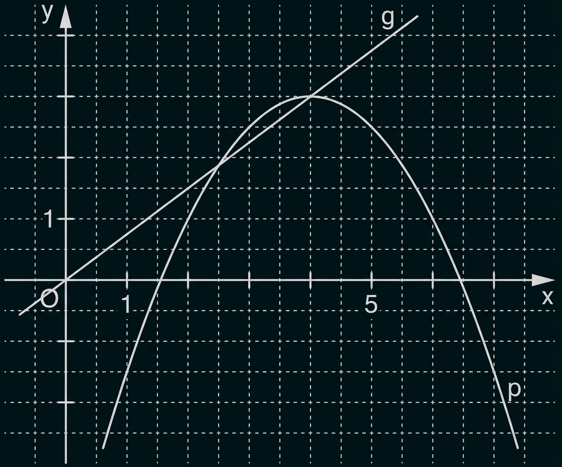Koordinatensystem mit zwei Graphen: eine Gerade g und eine nach unten geöffnete Parabel p.