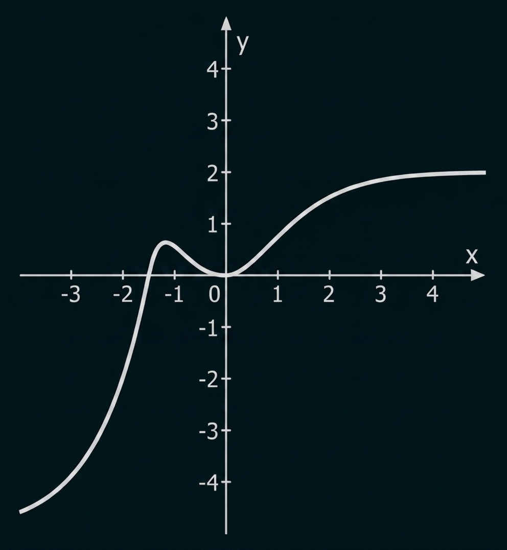Graph einer Kurve im Koordinatensystem mit Hochpunkt und waagerechter Asymptote.