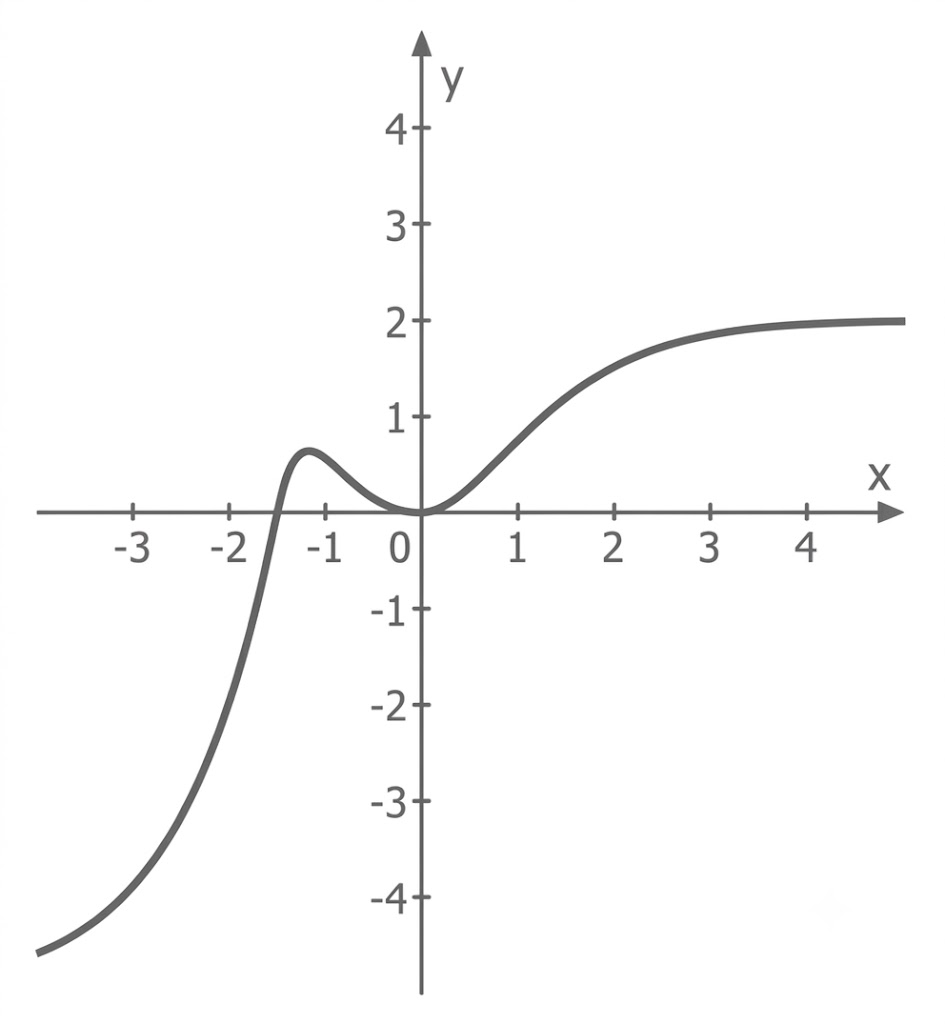 Graph einer Kurve im Koordinatensystem mit Hochpunkt und waagerechter Asymptote.