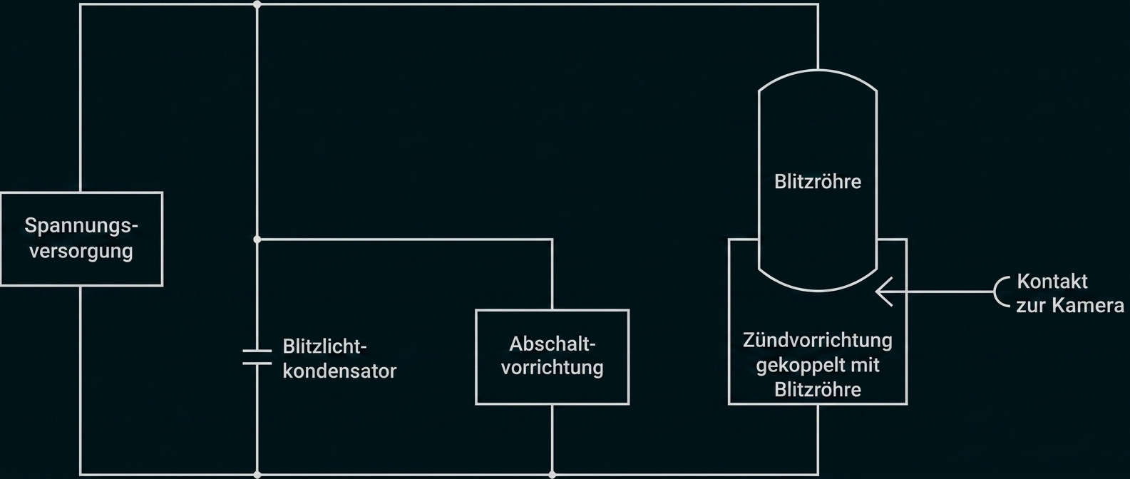 Schaltbild einer Blitzlichtschaltung mit Spannungsversorgung, Kondensator, Blitzröhre und Kamera-Kontakt