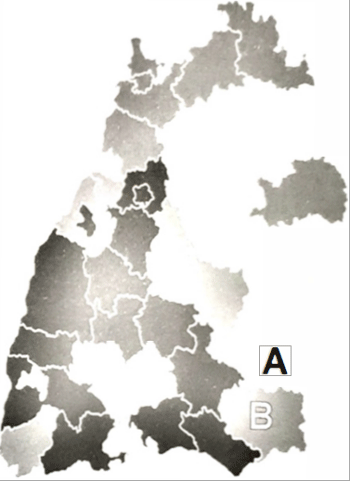 Karte mit verschiedenen Regionen, gekennzeichnet durch Buchstaben A und B, in Graustufen dargestellt.