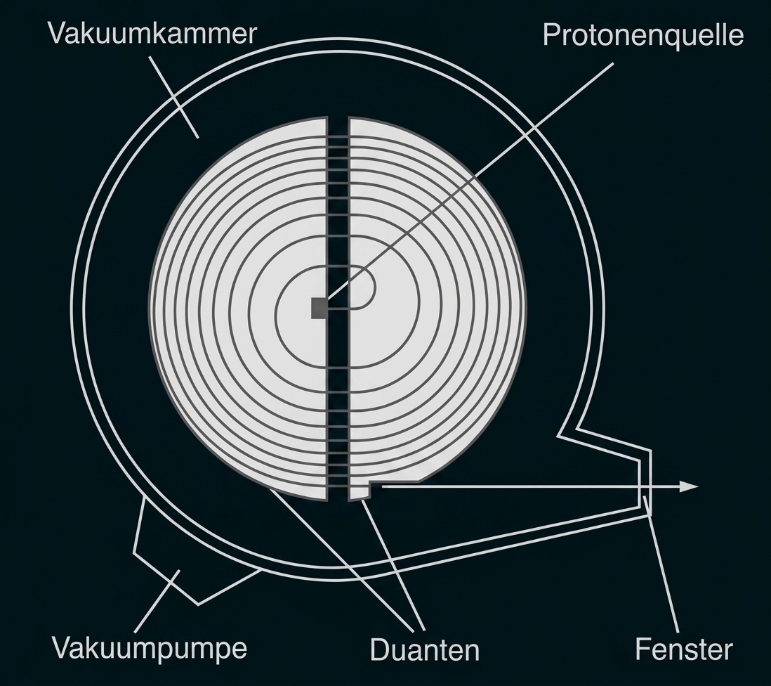 Schematische Darstellung eines Teilchenbeschleunigers mit Beschriftungen.