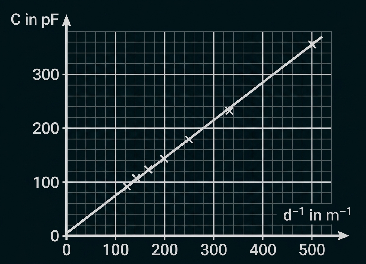 Diagramm mit linearer Linie: Kapazität C (pF) gegen d^-1 (m^-1), Gitterachsen und Messpunkte