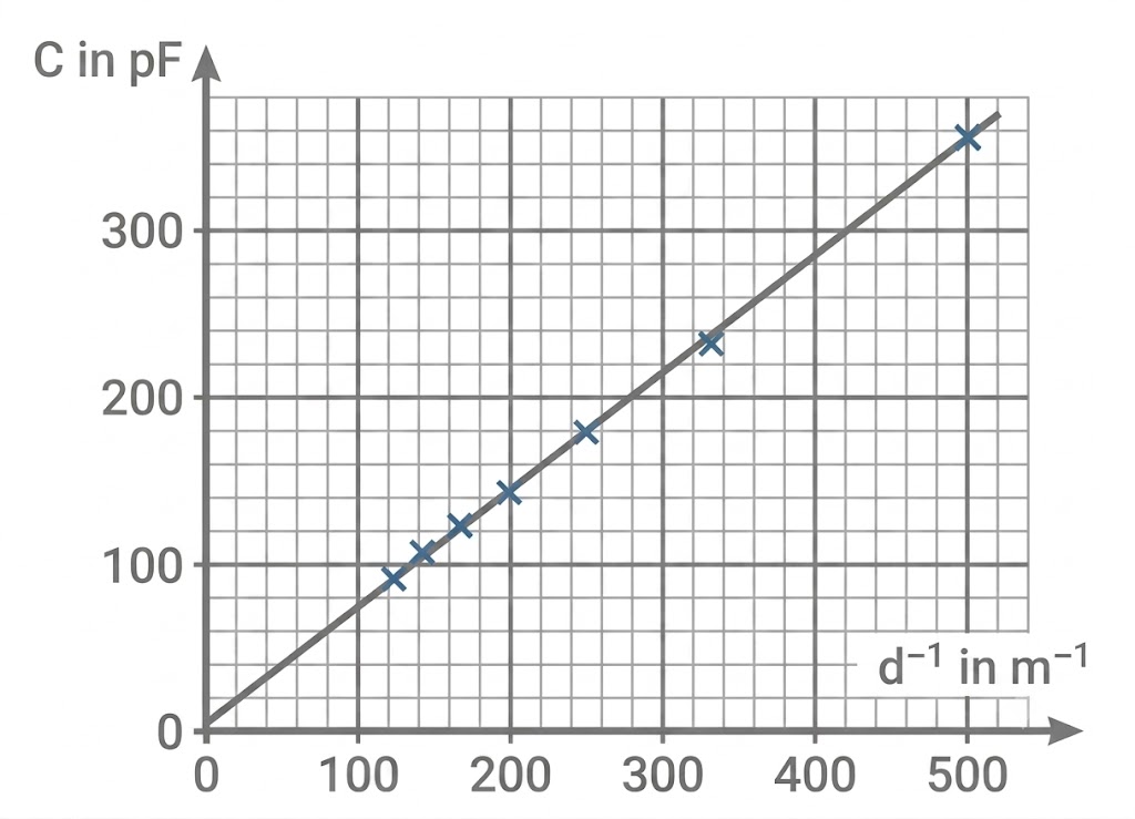 Diagramm mit linearer Linie: Kapazität C (pF) gegen d^-1 (m^-1), Gitterachsen und Messpunkte