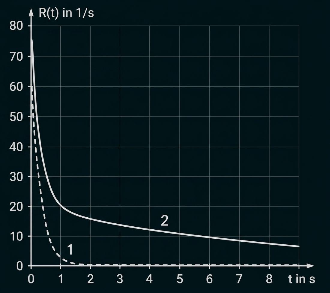 Diagramm mit zwei fallenden Kurven zu R(t) über der Zeit t.