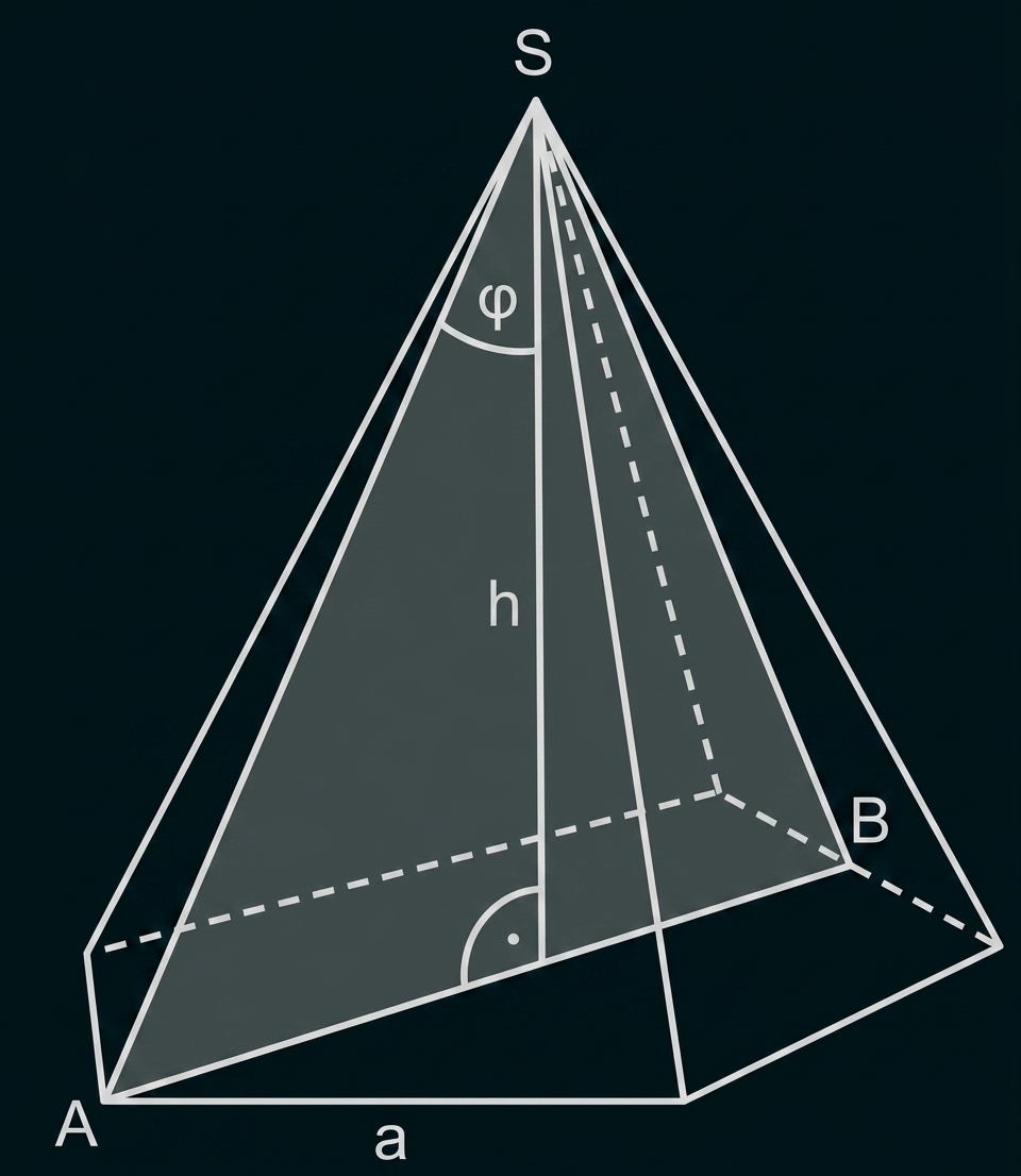 Geometrische Pyramide mit eingezeichneter Höhe h und Grundkante a.