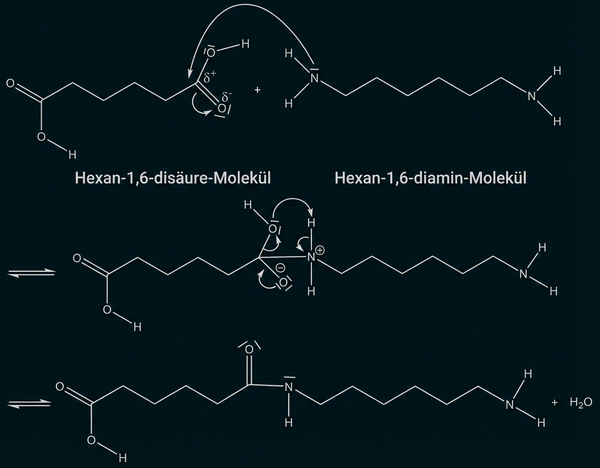 Reaktionsmechanismus zur Herstellung von Nylon aus Hexan-1,6-disäure und Hexan-1,6-diamin