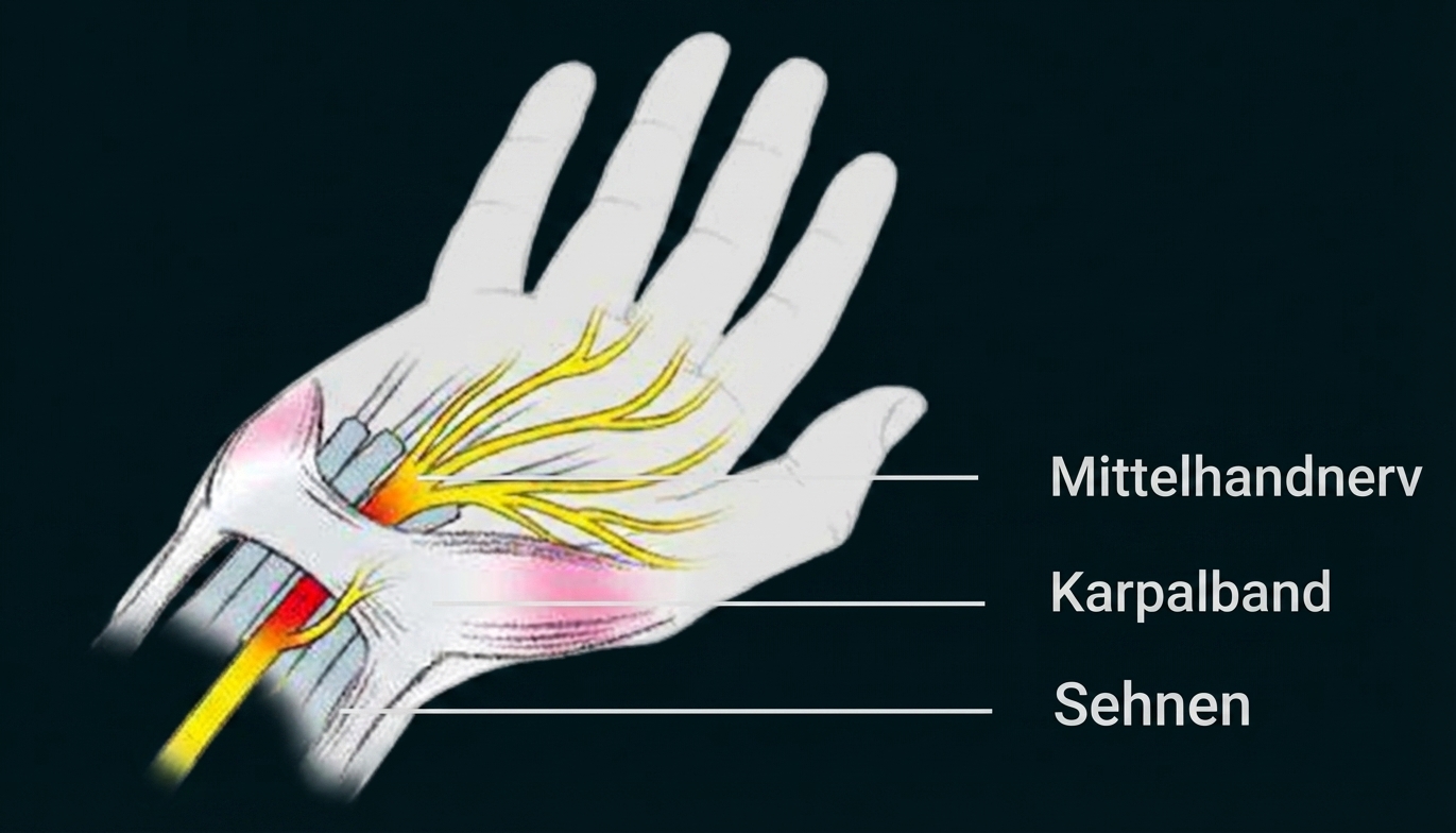 Schematische Darstellung eines Handgelenks mit Mittelhandnerv, Karpalband und Sehnen