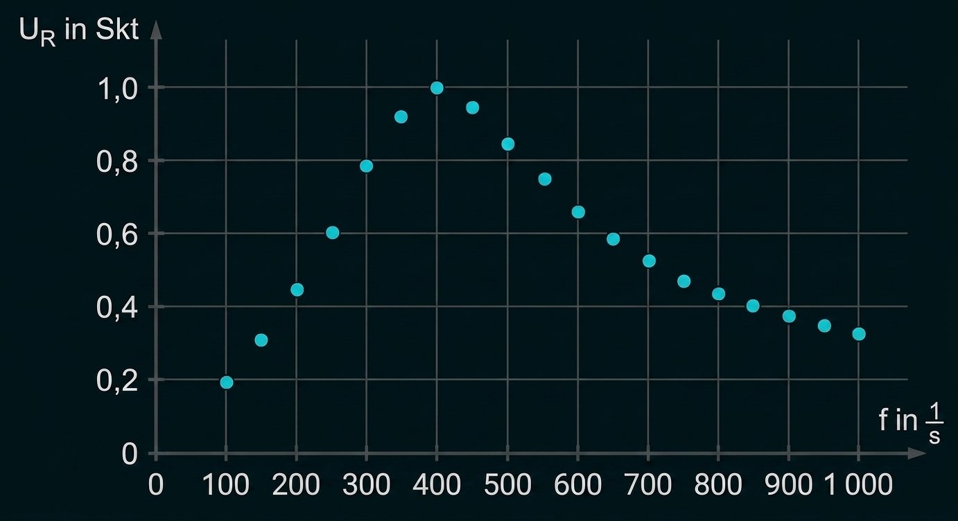 Punktdiagramm: Spannung U_R (Skt) gegen Frequenz f (1/s), Peak um 400, fallende Punkte nach rechts.