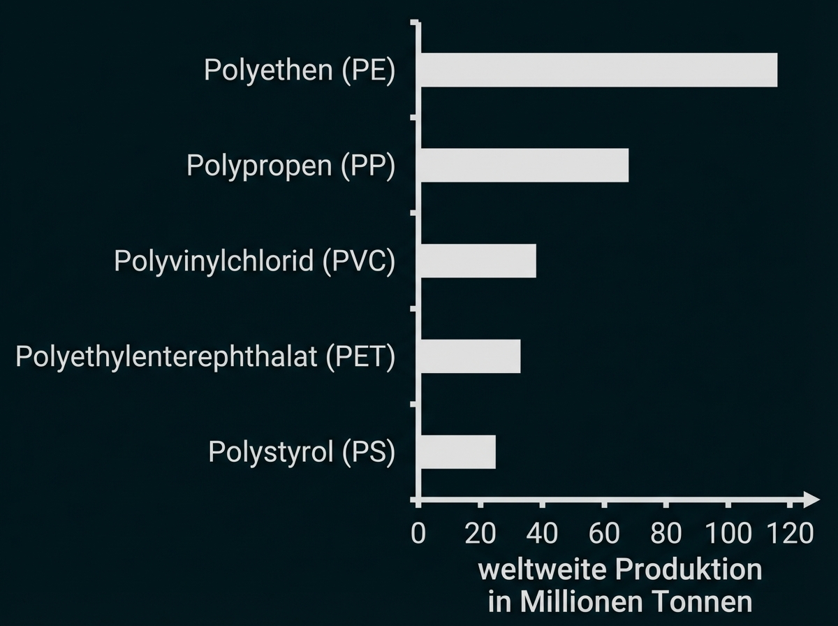 Balkendiagramm: weltweite Kunststoffproduktion (Millionen Tonnen) für PE, PP, PVC, PET und PS.